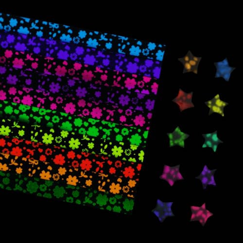 URROMA Star Paper Strips, 630pcs Glow in The Dark Lucky Star Origami Paper Peach Heart Four Leaf Grass Floral Pattern Luminous Origami Stars Paper DIY Lucky Star Folding Paper