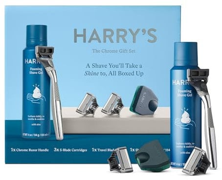 Harry's Original Chrome Razor Gift Set, Includes Gift Box, Weighted Handle, 3 Cartridge Refills, Travel Cover, and Shave Gel