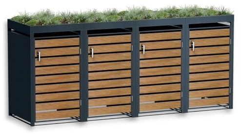 Metzler Mülltonnenbox in Anthrazit & Holzoptik mit Pflanzdach 4er Tonnen, Kapazität bis 240L, witterungsbeständiger, pulverbeschichteter Stahl mit Automatikdeckel, abschließbar, Tonnenhaus, Gartenbox