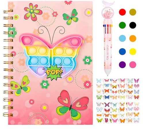 Pop Secret Diary for Girls with Pen and Stickers,8.27 x 5.71 Inches 160 Pages Butterfly Notebook and Pen Set for Girls, Pop Notebook A5 Spiral Kids Journal for Girls Kids Present 6-12 Year Old