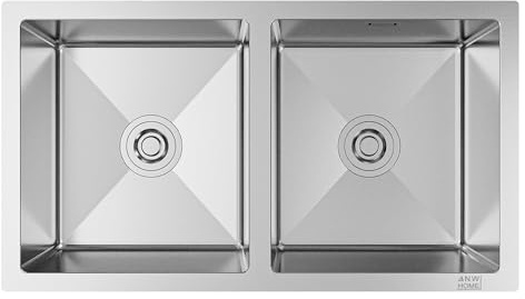 ANW HOME Lavello Cucina 2 Vasche 80x45 cm, Acciaio Inox 304 | Sottotop, Rivestimento Nano, Spessore 3,0/1 mm, Profondità 22 cm, Con Sifone