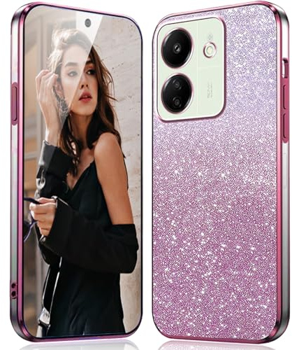 DESSEN Funda para Xiaomi Redmi 13C 4G / Poco C65 Capa Glitter - Transparente Silicona Carcasa Antigolpes Protector Móvil Case Cover con Marco Galvanizado y Tarjeta de Brillo Incorporada, Rosa