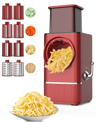 Rallador eléctrico TOAKELI 4 en 1 para queso, ensaladas, verduras y frutas, con 8 cuchillas de acero inoxidable, rojo