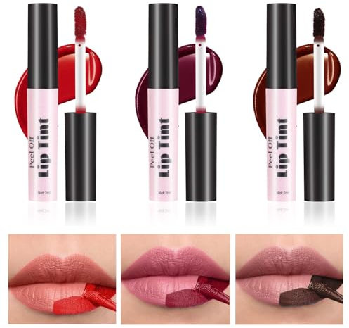 Peel Off Lip Stain Set, 3 Farben Matte Peel Off Lipliner, Abziehbarer Tattoo Lippenstift, Flüssiger Lipgloss fur Wasserfest Langlebiger, Hochpigmentierte Farbe, Antihaftbecher (020506, 3)