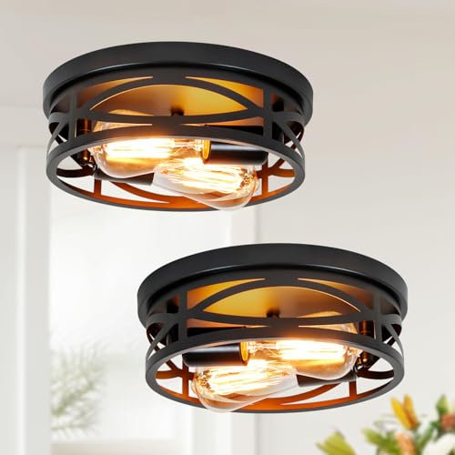 JHLBYL 2-flammige Unterputzmontage, abgerundet, Bauernhaus-Deckenleuchte, industrielles schwarzes Metall, 2 Stück, für Flur, Küche, Eingangsbereich