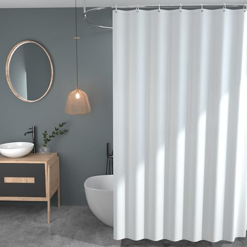GOOPOOL Tenda Doccia Tessuto in Poliestere, Tenda Vasca da Bagno Poliestere con Pesi, Tende Doccia Impermeabile & Tessuto lavabile in lavatrice, Extra Lunga con 12 Ganci 180L x 200A CM Bianco
