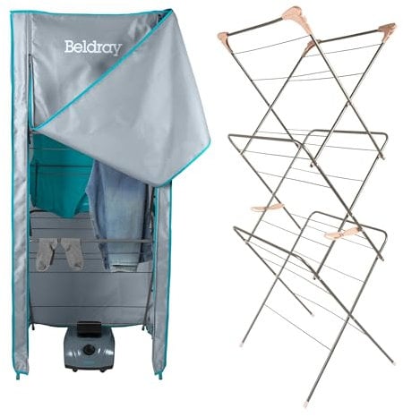 Beldray Clothes Airer & Heated Pod Drying System – 3 Tier Foldable Heated Drying Rack, Hot Air Circulation, Fast Drying, Holds Up to 7kg & 15M, Compact Storage, Adjustable Timer, 65 x 55 x 145cm