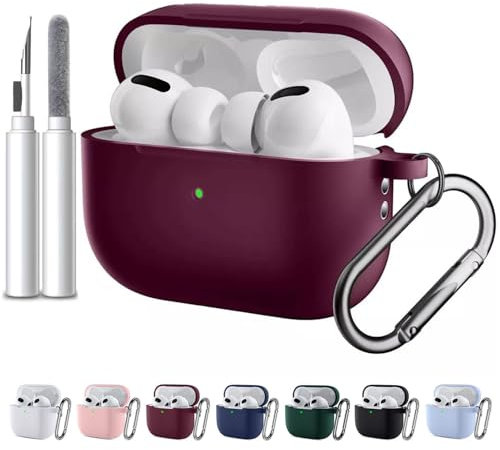 Kompatibel mit Airpods Pro 2 Hülle Case Schutzhülle 2023 2022 für Frauen Mann Weich Silikon für Airpods Pro 2 Generation Hülle LED an der Frontseite Sichtbar und Karabiner Burgunderrot