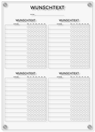 Personalisierter Acrylglas Wandkalender - Habit Tracker abwischbar DIN A3, A2 oder A1 XXL wählbar inkl. Montagematerial und Edelstahl Abstandhalter, langlebig, klarer UV-Druck
