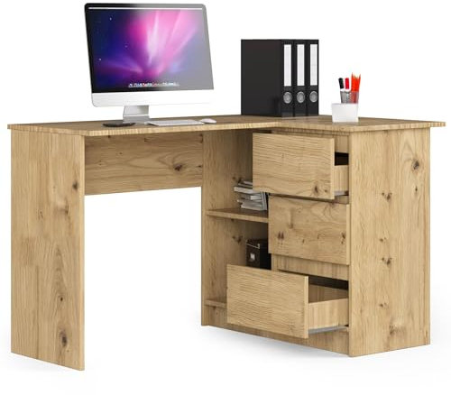 Eckschreibtisch Eiche Artisan rechts, 3 Schubladen rechts und 2 Regale, viel Platz zum Entfalten. Perfekt für Jugendzimmer, Büros und Ateliers.