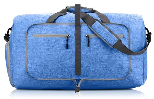 Reisetasche Groß Faltbar, 65L Reisetasche mit Schuhfach, Sporttasche Groß, Gym Duffle Bag, Saunatasche für Sport, Sporttasche Herren Damen, Reisetaschen für Camping, Reisen, Fitness (Blau)