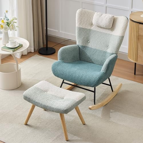 SUKY Boucle-Schaukelsessel, Schaukelstuhl im bunten Patchwork-Streifen-Look, Gestell aus gespritztem Eisen, Sessel Beine aus Gummiholz, Wohnzimmersessel, Schlafzimmersessel mit Fußbank