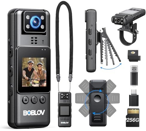 BOBLOV A23 Body Cam, 256GB Body Camera with Rotate Lens, 9-hour Battery Life, Night Vision, 360° Clip, Bodycams with Bike Mount and Lanyard for Walking, Cycling, and Outdoor Adventures