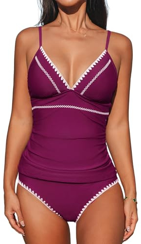 CUPSHE Women's Tankini Sets Two Piece Swimsuit V Neck Ruched Shell Stitched Bathing Suit Spaghetti Adjustable Straps Fuchsia XS