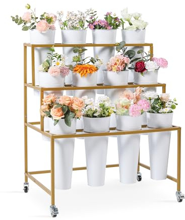 Ruifabo Flower Cart Display Stand, 3 Layers Metal Flower Bar Stand with 360° Swivel Wheels and Brake, Flower Display stand with Iron Buckets, Durable than Plastic Buckets, Flower Holder for Florist or Wedding