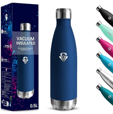 Borraccia Termica, 500 ml Senza BPA, Borraccia, 18/8 Acciaio Inossidabile, Borracce Acciaio Inox, Isolamento Sottovuoto a Doppia Parete, Bottiglia Termica per Scuola, Viaggi, Jogging - Blu scuro