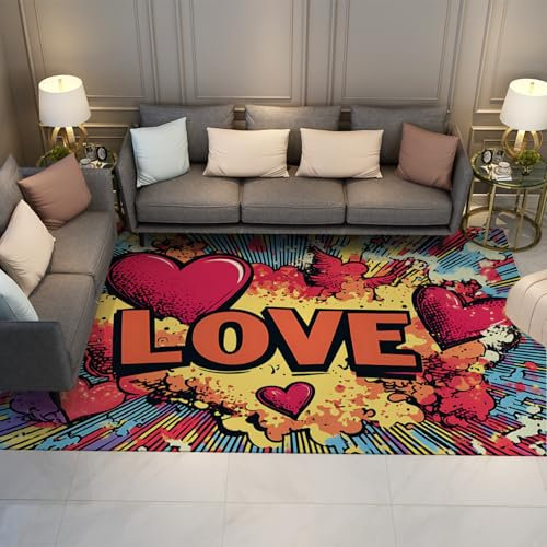 UERWOWELL Pop Art Bereich Teppiche für Schlafzimmer Liebe Malerei Kein Verschütten rutschfeste Türmatte Moderner leicht zu reinigender Teppich Innen- / Außendekoration Rot 120x180cm