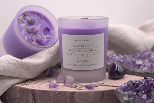 Aromatherapie-Duftkerze „Lilac Passion“ mit Amethyst – Lavendel & Rosmarin – naturreine ätherische Öle – Sojawachs – handgegossen – 60 g / 200  g (60 g)