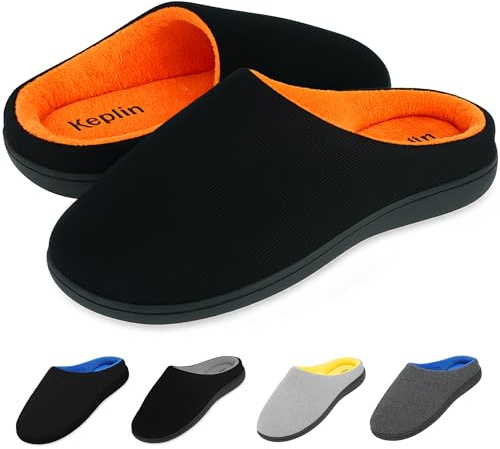 KEPLIN Men’s Memory Foam Slippers – Comfortable Indoor House Shoes for Men with Plush Cushioning, Anti-Slip Rubber Soles, Lightweight Design, Black/Orange, UK Size 8 / EU Size 42