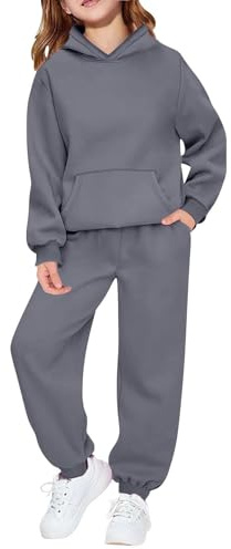 Tuta Completa Bambine Ragazze Invernale in Cotone Misto 2-14 Anni 2 Pezzi Completo con Felpa con Cappuccio e Pantaloni Tute da Ginnastica Bambini Ragazzi Caldo Elegante per Sportivo,Grigio Scuro,160