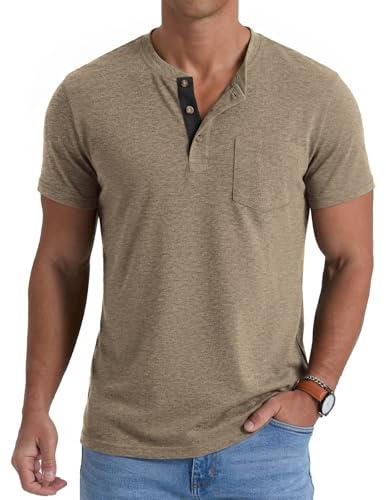 Volemo Mens Henley T-Shirts Short Sleeve Grandad T Shirt | Soft Breathable, 3-Buttons, Chest Pocket, Summer, Button Casual Pocket Tops, Regular Fit, Smart Casual T-Shirts
