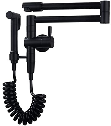 Folding Pot Filler Kitchen Faucet with Sprayer, Wall Mounted Single Cold Kitchen Sink Faucet with Double Swing Arm, Modern Brass Single Handle Retractable Pot Filler Tap,Black,Style B(Nero,Style A)