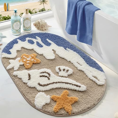 DEXI Ovale Badezimmerteppich 54 x 86 cm, Badematte rutschfest Absorbierende mit Seestern-Strand Muster, Cartoon waschbarer Badteppich für Duschboden, Schlafzimmer, Kinderzimmer, Beige Marineblau