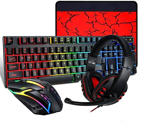 Ouitble Gaming Tastatur Maus Headset Set mit Mousepad 4 in 1 RGB Gaming Combo Set für PC Gamer, RGB Beleuchtete Tastatur, 4 Farben LED Gaming Maus, 3,5-mm-Gaming-Kopfhörer