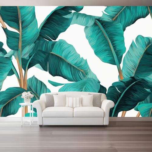 Papier Peint Panoramique Tropical Effet 3D Papier Peint Intissé Bleu Feuilles De Bananier Branches Décoration Murale Salon Chambre 250 X 175 Cm