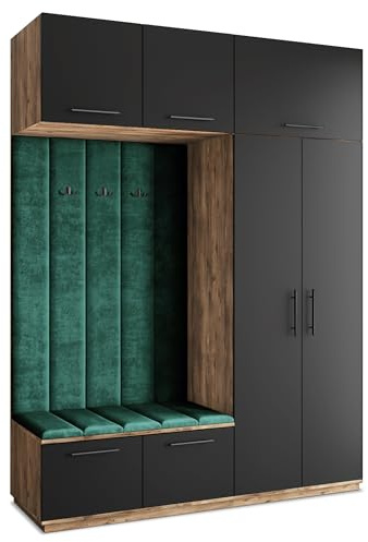 Masseno Flugarderoben Set Rema, Kleiderschrank-Set mit Sitzbank, Garderobenschrank Flur mit 5 Regalböden, Eiche Lefkas/Schwarz