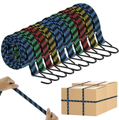 Extra Long Bungee Cords with Hooks (10 Pack), 2m to 4.7m Heavy Duty Flat Bungee Straps for Luggage, Roof Racks, Garden Furniture and Camping
