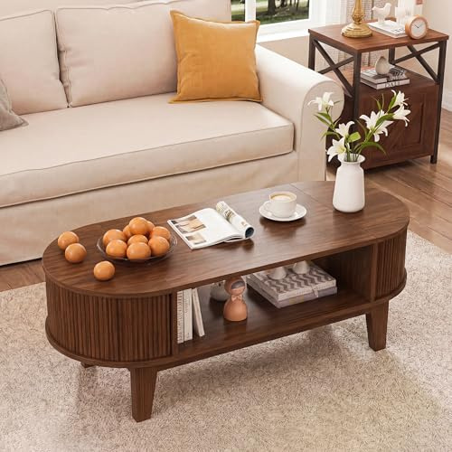 NSXSBUZ Couchtisch Holz mit Stauraum, Moderner oval Wohnzimmertisch mit Staufächern & 2 Klappdeckel, Kaffeetisch Sofatisch für Wohnzimmer, 100x50x50 cm, Walnuss (Walnuss)