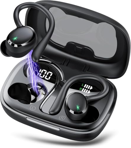 Bluetooth Kopfhörer Sport, Kopfhörer Kabellos Bluetooth 5.3 mit HD Mic, In Ear Kopfhörer mit 4 ENC Klarer Mic, 72 Std Kabellose Kopfhörer mit Tiefer Bass,IPX7 Wasserdicht Ohrhörer mit Ohrhaken,Schwarz