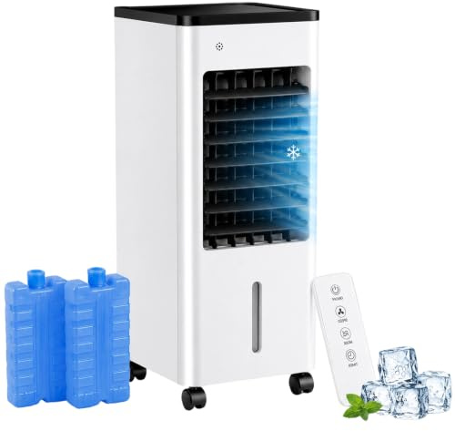 15L Portable Evaporative Air Cooler Fan with Ice Cooling for Home, Air Cooler Fan with 3 Speeds, Remote Control, 7.5H Timer, Oscillating Cooling Fan on Wheels for Bedroom & Office