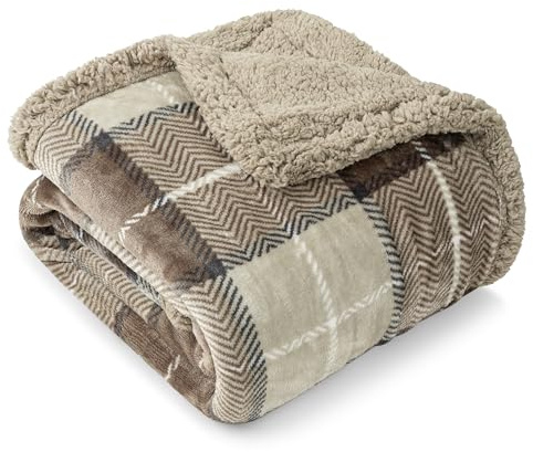 PAVILIA Taupe Plaid Sherpa Throw Blanket for Couch Twins, Soft Fuzzy Cabin Blanket and Throws, Warm Cozy Winter Gift Blanket, 60x80