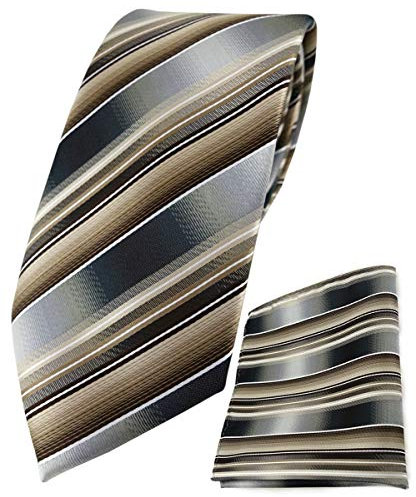TigerTie Designer Krawatte Designer Einstecktuch in braun beige silber anthrazit grau gestreift - Krawattenbreite 8 cm