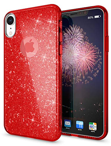NALIA Hülle kompatibel mit iPhone XR, Handyhülle Glitzer Ultra-Slim Silikon-Case Back-Cover Schutzhülle, Glitter Sparkle Handy-Tasche Bumper, Dünnes Bling Strass Etui, Farbe:Rot