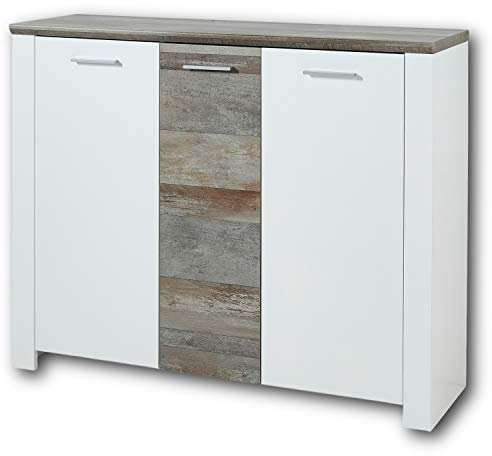 Stella Trading MATEO Schuhschrank in Weiß mit Driftwood Optik - Modernes Schuhregal mit viel Stauraum für Ihre Schuhe - 131 x 105 x 39 cm (B/H/T)