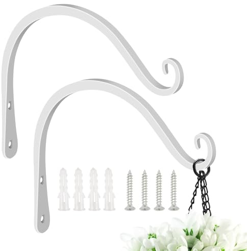 FEED GARDEN Wandhaken aus Eisen, 20.3 cm, dekorative Halterung aus Metall, gebogene Pflanzenaufhänger, Haken für den Innen- und Außenbereich, zum Aufhängen von Vogelhäuschen, weiß, 2 Stück
