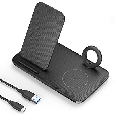 Anker PowerWave 3-in-1 Qi-zertifizierte Ladestation, Wireless Charging Station für iOS Geräte, Apple Watch, iPhone12/12/Mini/12 Pro/SE/AirPods Pro(Ladekabel für Apple Watch & Netzteil Nicht inklusive)