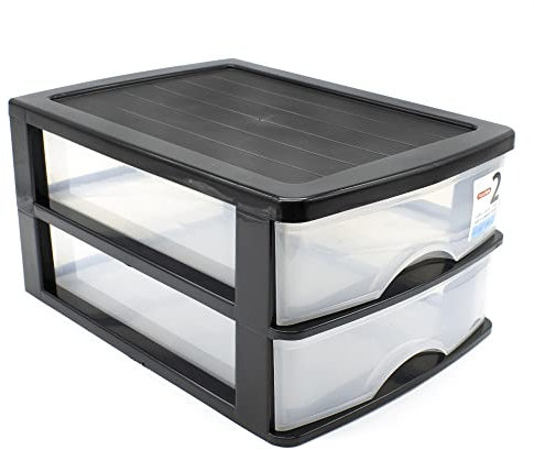 CABLEPELADO Torre de Almacenamiento con 2 cajones sobremesa, Organizador de Escritorio, Caja de Almacenamiento de Escritorio,18.5 cm Alto x 26 cm Ancho x 35 cm Fondo, Negro y cajones Transparentes
