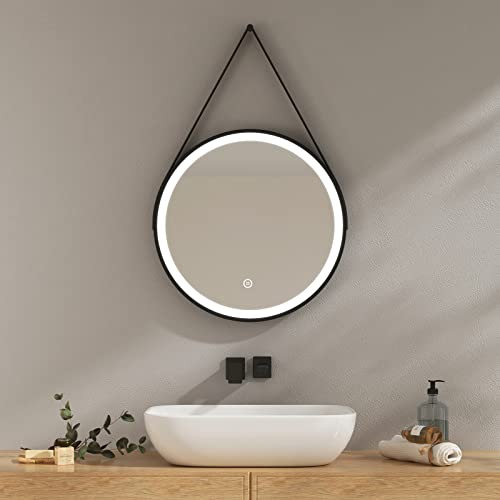EMKE Badspiegel mit Beleuchtung 50cm Spiegel rund mit dimmbar Kaltweiß Licht, Speicherfunktion, Touch, 3 Stunden automatische Abschaltung, runder Spiegel Energiesparend