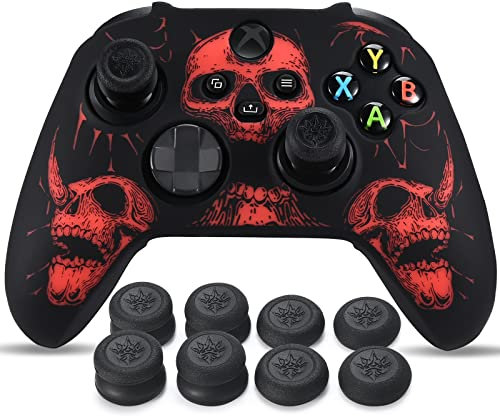 YoRHa Laserschnitzen Silikon Hülle Haut für Xbox Series X/S Controller x 1 (Rot) mit Pro Thumb Grips Aufsätze x 8