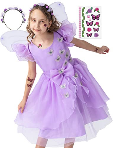 corimori Schmetterling Kostüm Kleid mit Flügeln für Kinder | mit Tattoos & Haarband | Feenkleid Mira für Fasching, lila, Größe 128/134