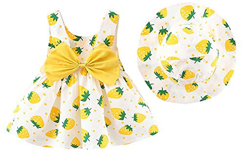 IWEMEK Robe Bébé Enfant Fille été Fleur Imprimé Costume Princesse Nœud Papillon Ensemble Trapèze sans Manches + Chapeau de Paille Décontractée Plage Vacances Loisir #Fraise Jaune 18-24 Mois