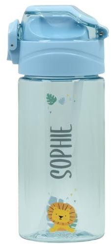 BIENMARQUER - Gourde Personnalisable pour Enfant avec Paille - Convient pour l'Ecole Primaire et Maternelle - Gourde avec Bouchon Anti-Fuite - Résistante au lave-vaisselle - 450mL (Bleu Clair)