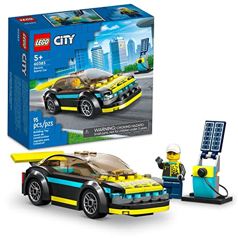 LEGO City Voiture de sport électrique 60383, jouet pour garçons et filles de 5 ans et plus, voiture de course pour enfants avec figurine pilote de course, jouets de construction
