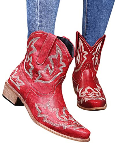 Onsoyours Damen Kurze Stiefel Bestickte Ankle Boots Stiefeletten Schlupfstiefel Retro Gestickte Cowboystiefel Herbst Winter Freizeitschuhe A Rot 40 EU