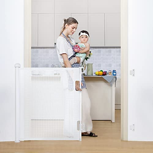 COMOMY Treppenschutzgitter Ausziehbar 0-180cm, Türschutzgitter Rollo für Baby, Katzen und Hunde, Einhändige Bedienung, Platz Sparen, Kinder Türgitter für Treppen/Türen/Außen, 84cm Hoch (Weiß)