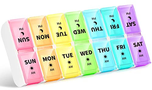 Opret Weekly Pill Organiser, Pill Box 7 Day 2 Times a Day for AM PM, Small Travel Tablet Organiser with 14 Removable Compartments, for Vitamins Supplements Medication